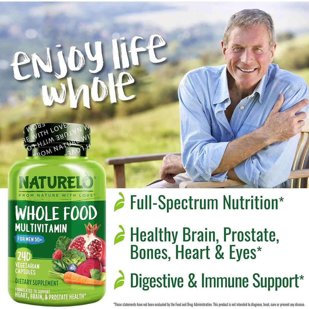 Naturelo Whole Food Multivitamin for Men 50+ promoting energy, brain, heart, and eye health