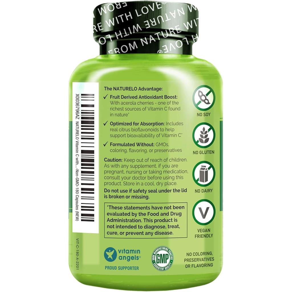 Naturelo Vitamin C with Acerola Cherries and Citrus Bioflavonoids supplement bottle, promoting immune support and antioxidant