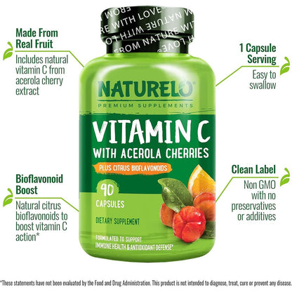 Naturelo Vitamin C with Acerola Cherries and Citrus Bioflavonoids 90ct supplement for immune support and antioxidant benefits