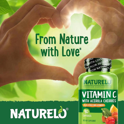 Naturelo Vitamin C with Acerola Cherries and Citrus Bioflavonoids supplement for immune support and antioxidant boost, 90 cou