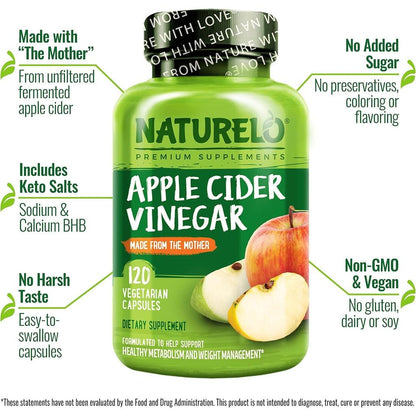 Naturelo Apple Cider Vinegar Supplement for Blood Sugar Balance & Keto Support