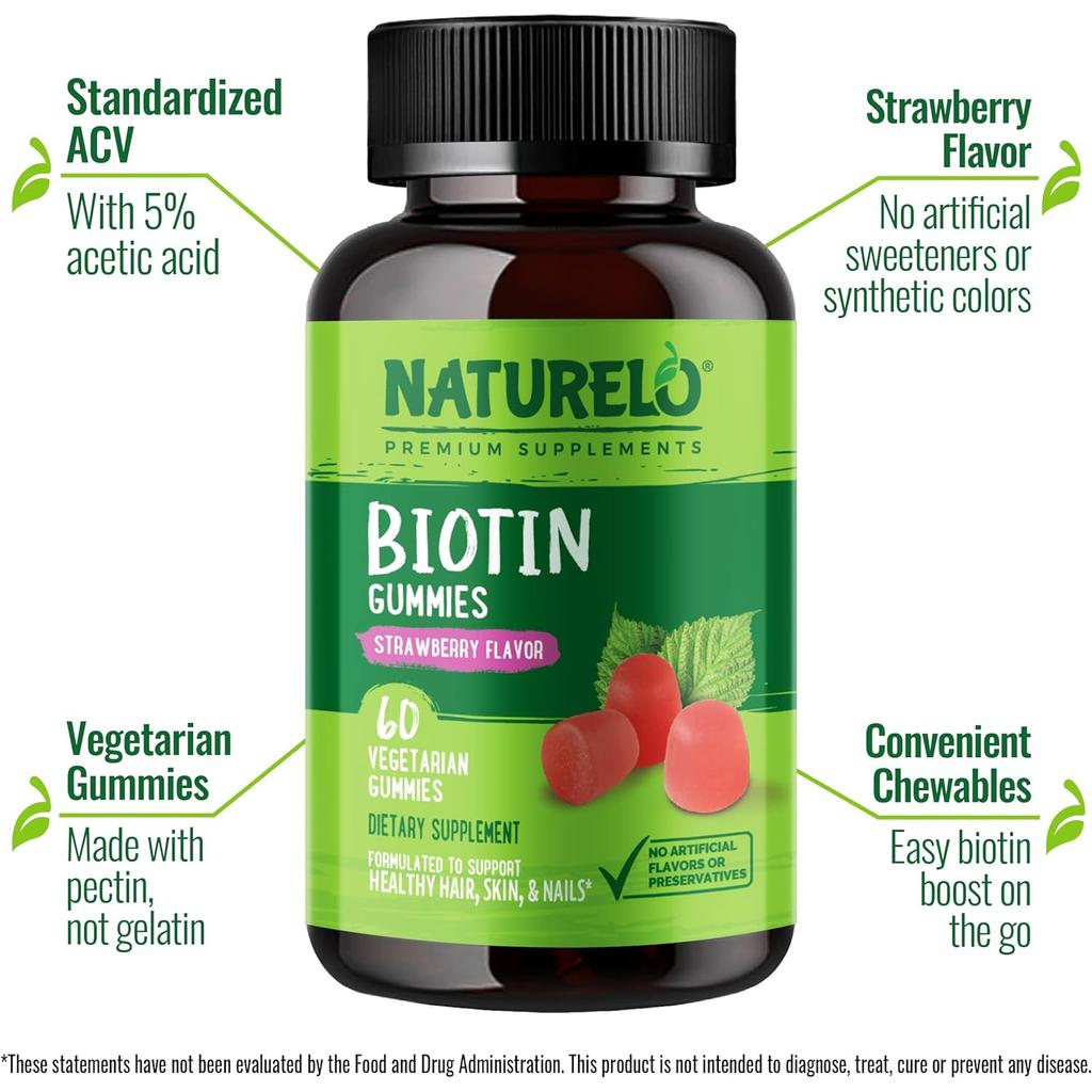 Naturelo Biotin Supplements - Hair, Skin, Nails Support Gummies - 5000 mcg Biotin, Vegetarian, Strawberry Flavor - 60 Count