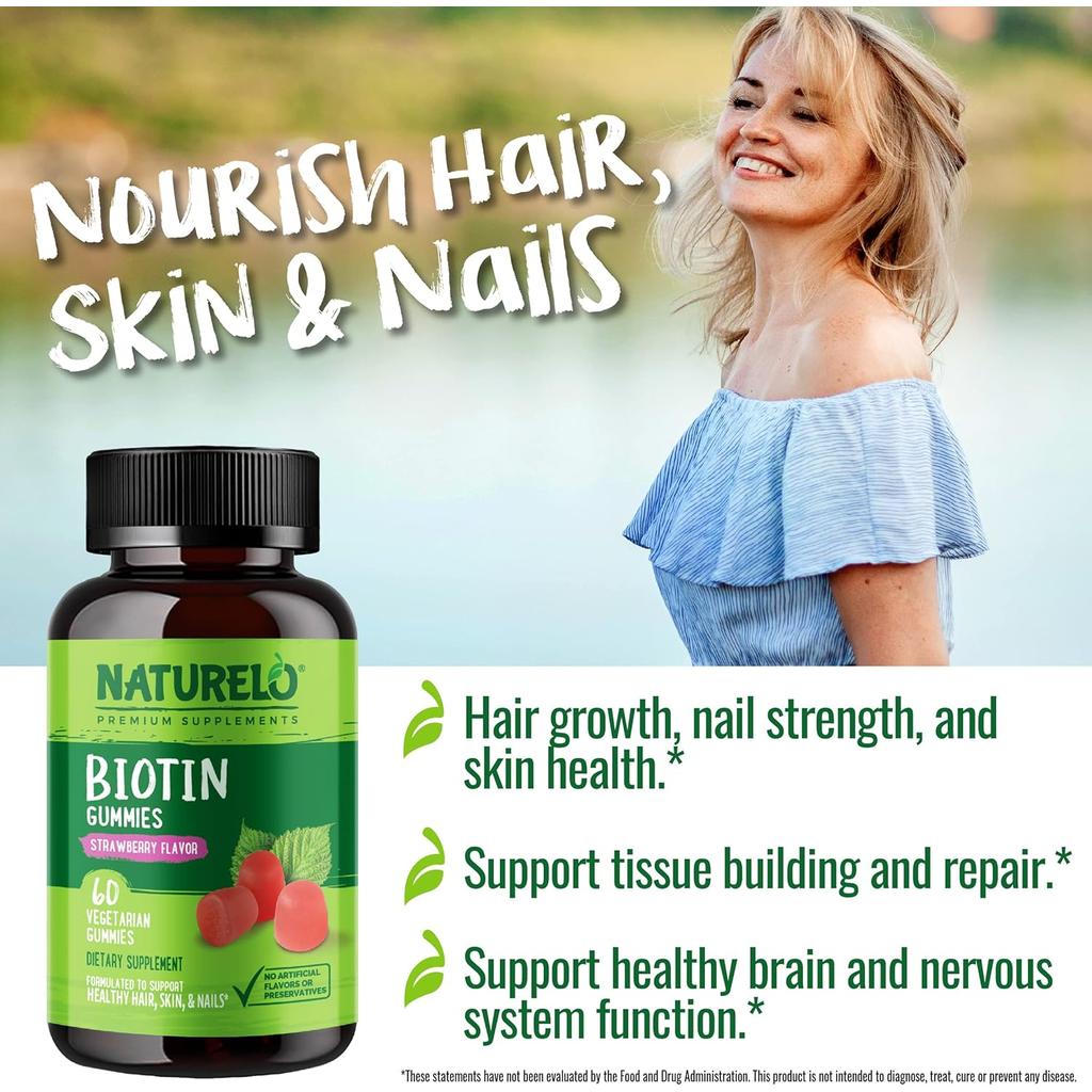 Naturelo Biotin Supplements for Hair, Skin & Nails - 5000mcg Gummy Vitamins - Vegetarian Strawberry Flavor - 60 Gummies