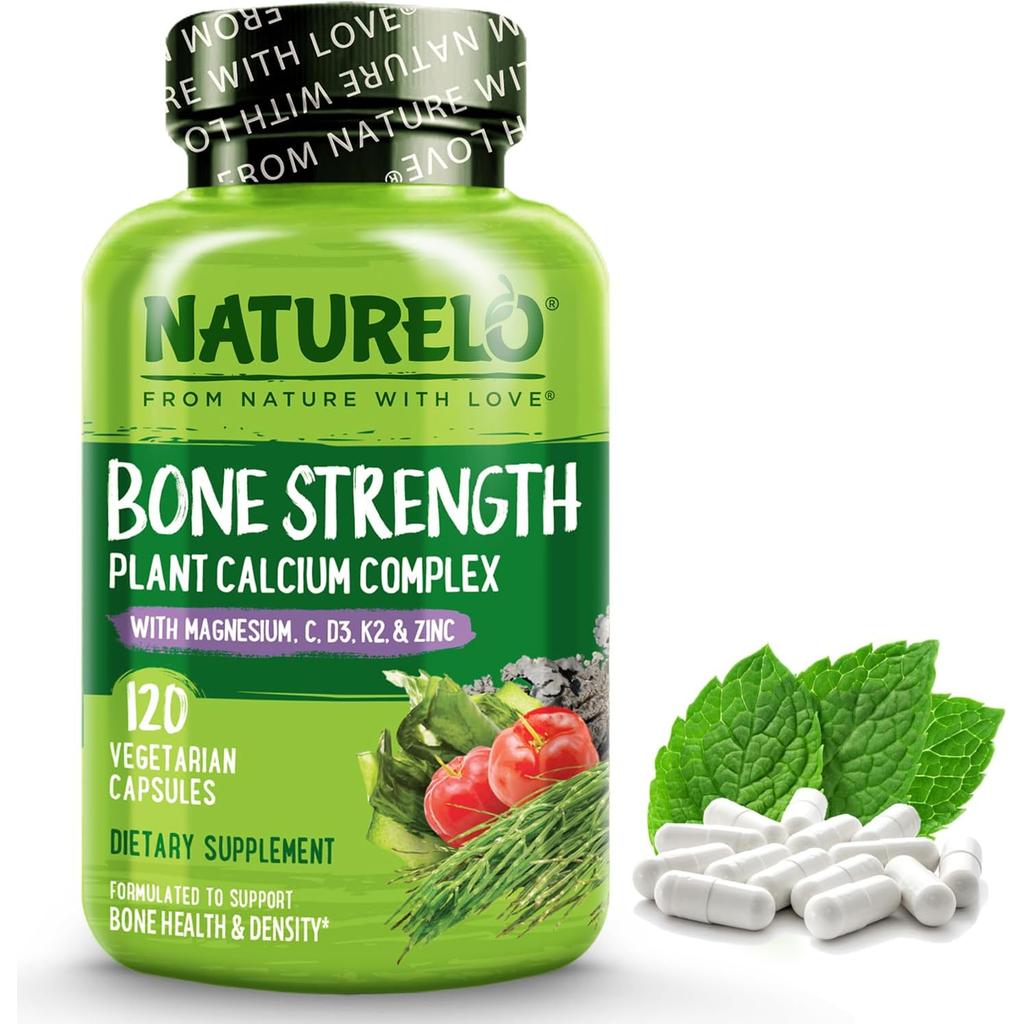 Naturelo Bone Strength Vitamin Supplement with Plant-Based Calcium, Vitamin K2, D3, and Aquamin for Enhanced Bone and Heart H