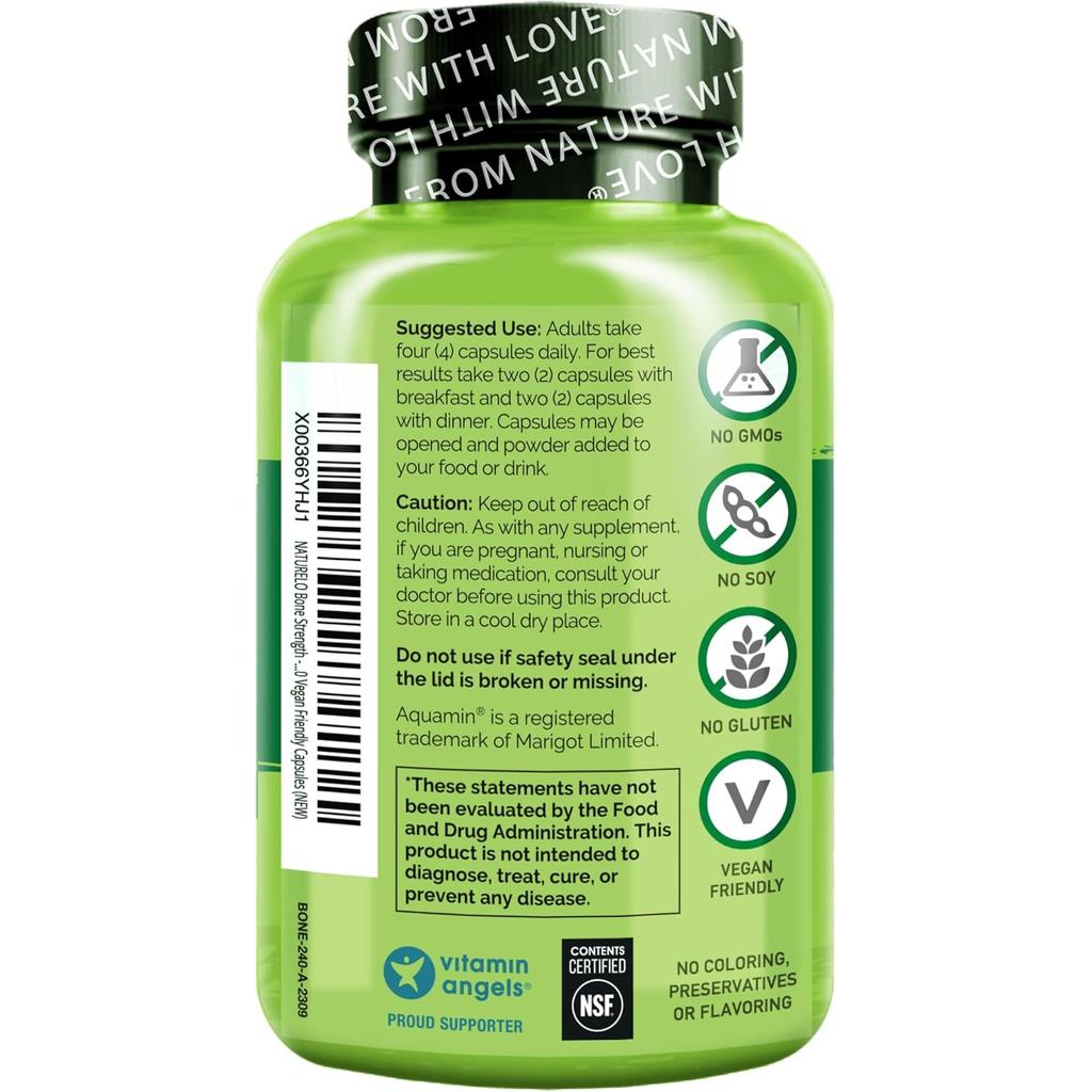 Naturelo Bone Strength Calcium Supplements with Plant-Based Vitamin D3 & Algae Calcium for Heart and Bone Health