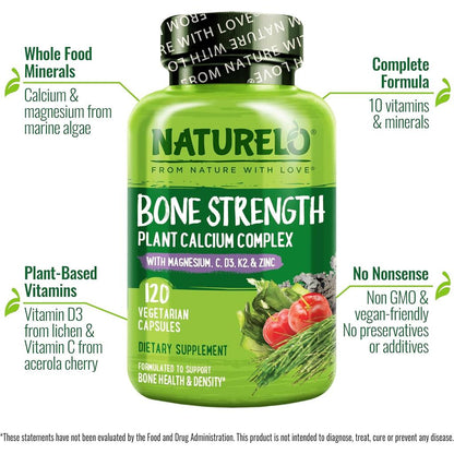 Naturelo Bone Strength Vitamin Supplement with Vitamin K2 MK-7 for Heart & Bone Health, Vegan D3, Algae Calcium & Aquamin - T