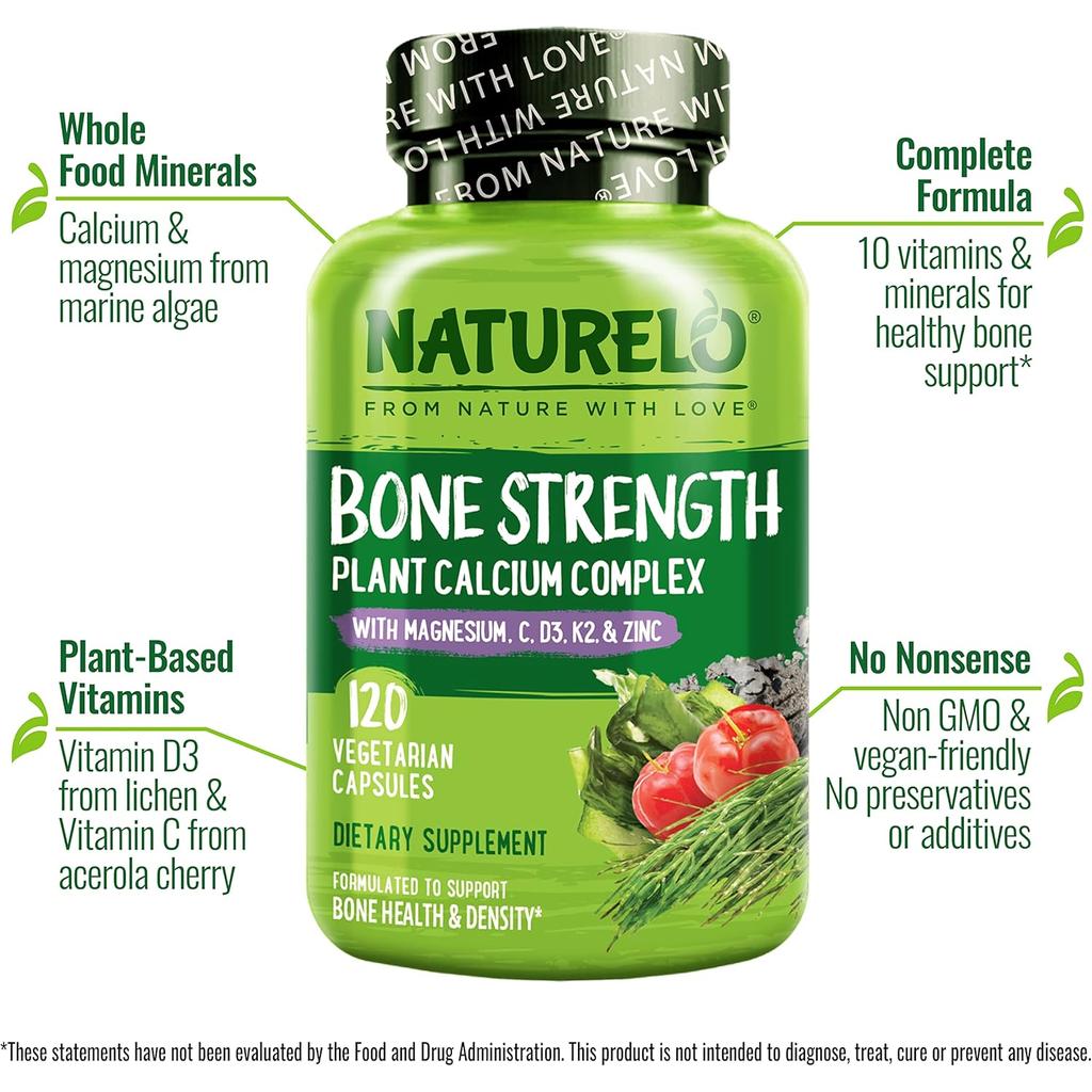 Naturelo Bone Strength Calcium Supplement with Plant-Based Vitamin D3 & Algae Calcium for Heart and Bone Health