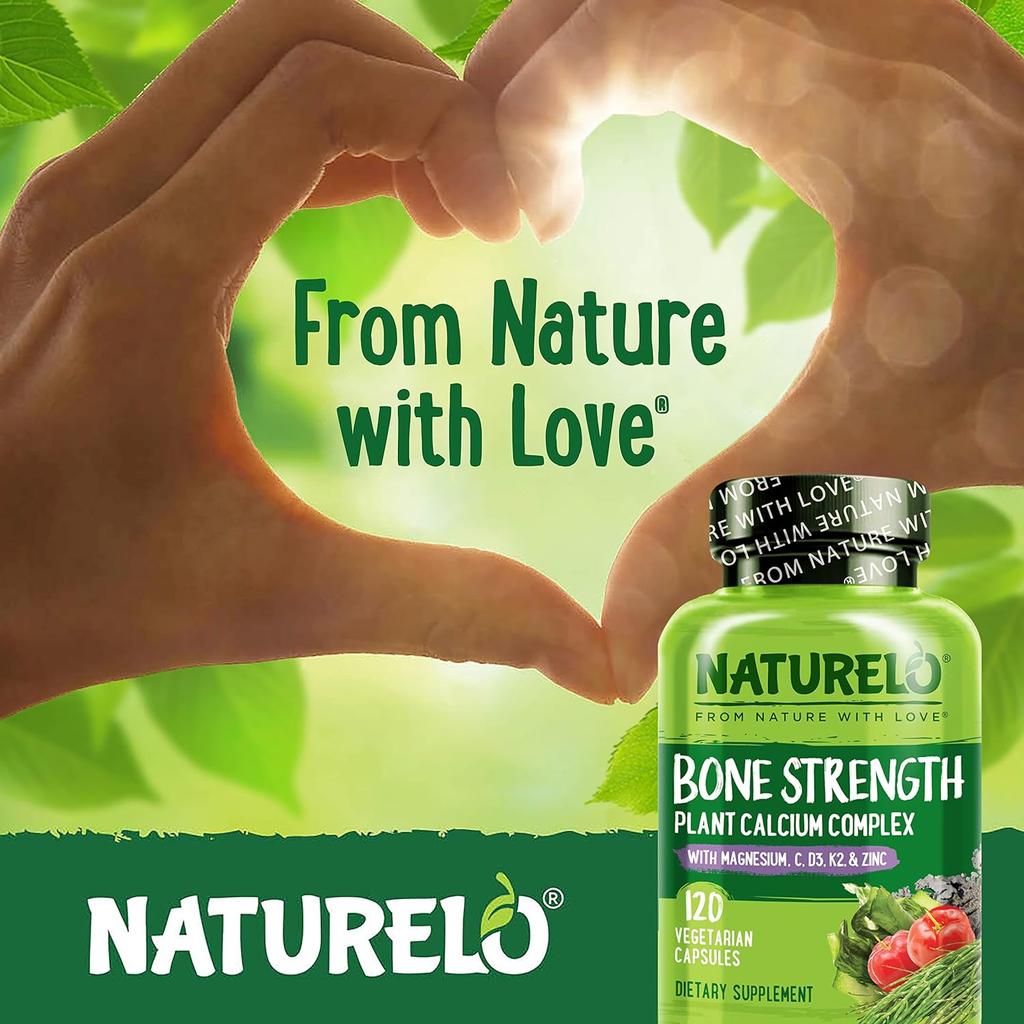 Naturelo Bone Strength Calcium Supplement with Plant-Based Vitamin D3 & Algae Calcium for Heart and Bone Health