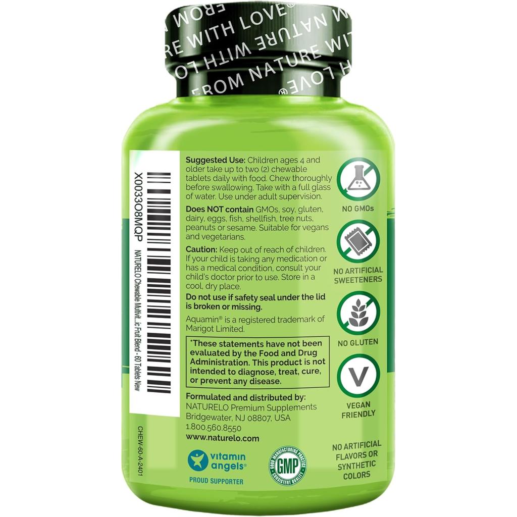 Naturelo chewable multivitamin for children with natural mixed berry flavor, essential nutrients from nature, and organic fru