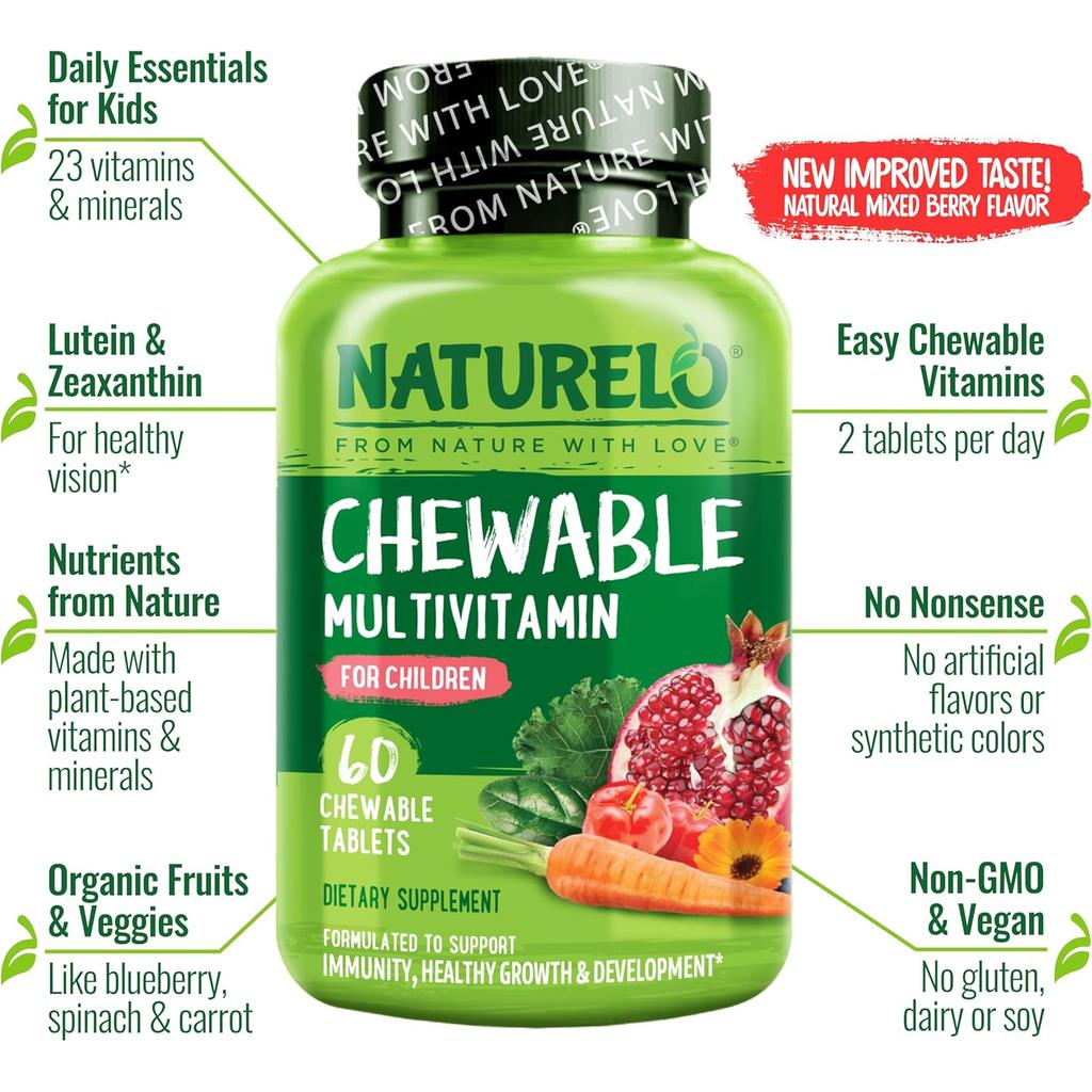 Naturelo Chewable Multivitamin for Children - Daily Essentials with Organic Fruits & Veggies, Nutrients from Nature - Kids' I