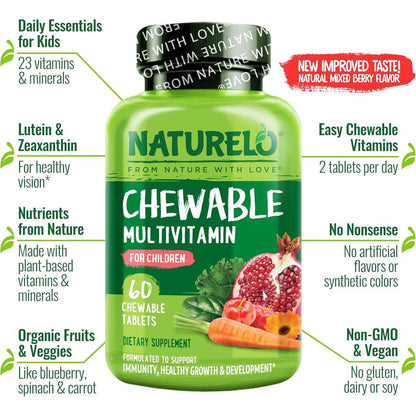 Naturelo Chewable Multivitamin for Children - Daily Essentials with Organic Fruits & Veggies, Nutrients from Nature - Kids' I
