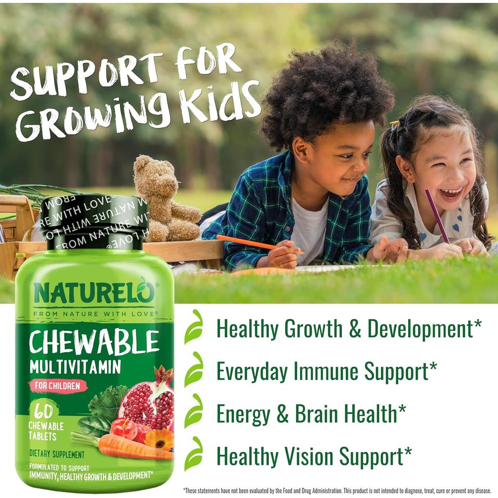 Naturelo Chewable Multivitamin for Children - Daily Essentials with Natural Taste, Nutrients from Nature, Organic Fruits & Ve
