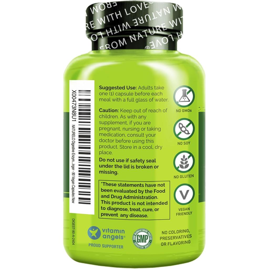 Naturelo Digestive Enzymes Full Spectrum Blend - Supports Optimal Digestion with 15 Enzymes & Ginger Extract - Vegan-Friendly