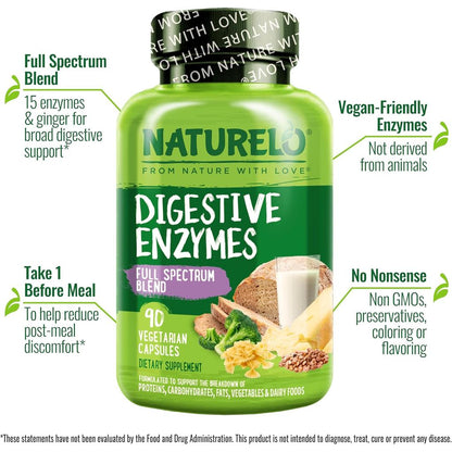 Naturelo Digestive Enzymes Full Spectrum Blend - Support Optimal Digestion with 15 Enzymes & Ginger Extract.