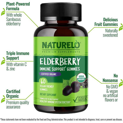 Naturelo Elderberry Gummies - Immune System Support with Antioxidants, Vitamin C & Zinc - Vegan & Organic Supplement