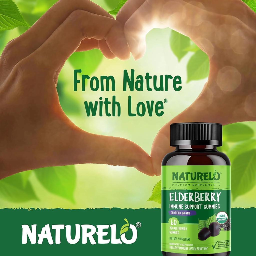 Naturelo Elderberry Gummies: Immune Support Chewables with Vitamin C & Zinc, Vegan & Organic - Plant-Powered Wellness.