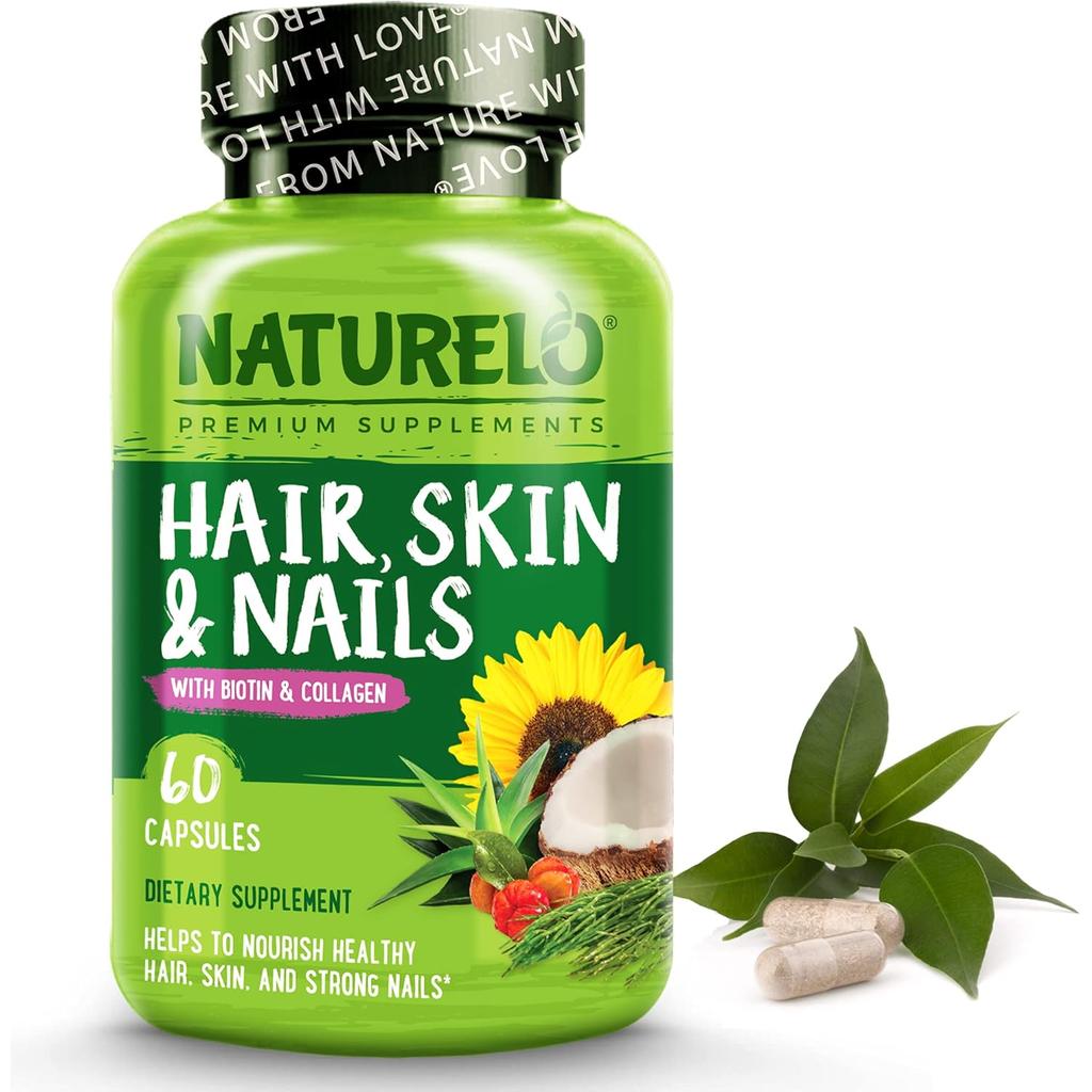 Naturelo Hair Skin & Nails Vitamins with Biotin & Collagen - Natural Beauty & Anti-Aging Formula for Stronger Hair, Skin, & N