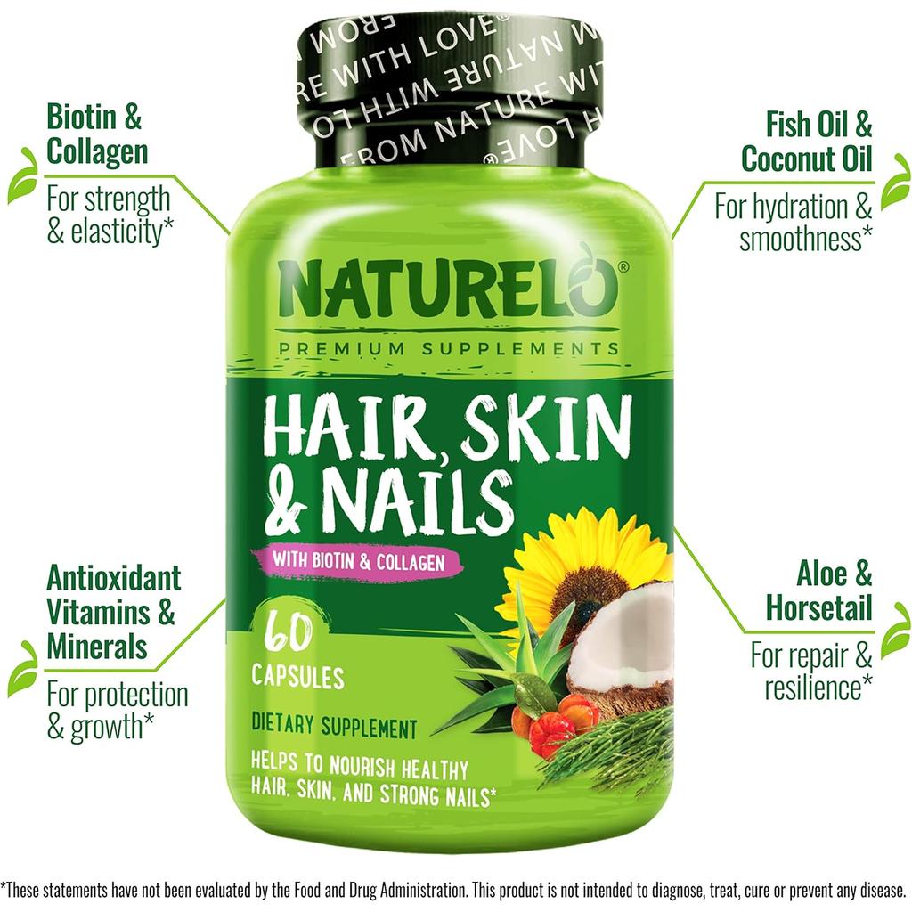 Naturelo Hair Skin Nails Vitamins with Biotin & Collagen - Healthy Hair Growth, Skin Smoothness, Nail Strength - Anti-Aging F