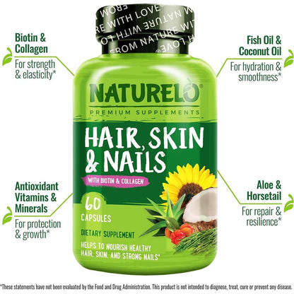 Naturelo Hair Skin Nails Vitamins with Biotin & Collagen - Healthy Hair Growth, Skin Smoothness, Nail Strength - Anti-Aging F