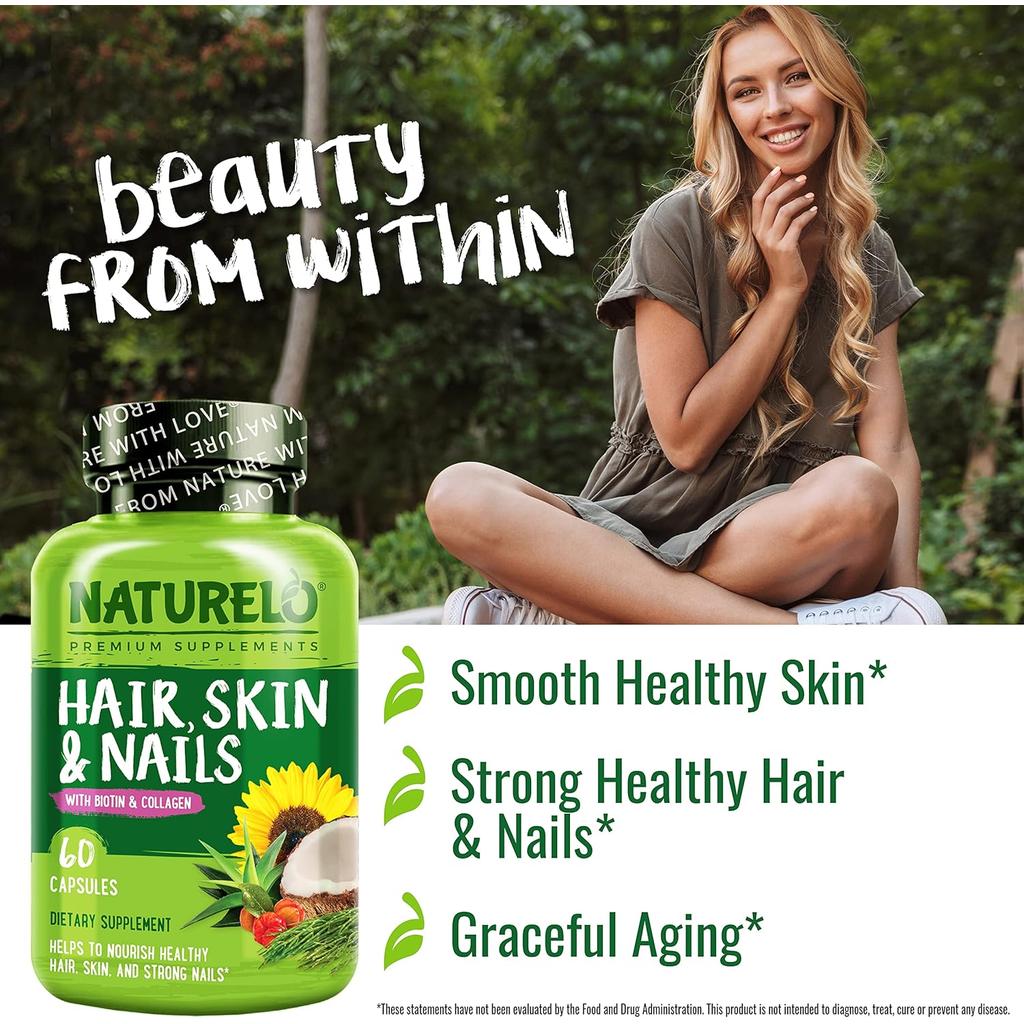 Naturelo Hair Skin & Nails Vitamins with Biotin & Collagen - Support Healthy Hair Growth, Skin Moisture & Nail Strength