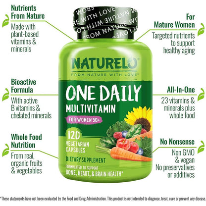 Naturelo One Daily Multivitamin for Women 50+ - Plant-Based Bioactive Formula for Healthy Aging & Vitality - Clean Label, Veg