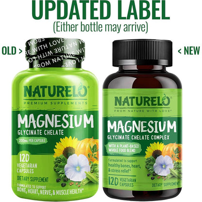 Naturelo Plant-Based Magnesium Glycinate Complex - Relaxation and Muscle Support Supplement