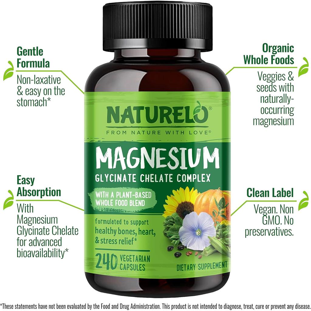 Naturelo Plant-Based Magnesium Glycinate Complex - Relax Body & Mind, Muscle Support, Calm Nervous System