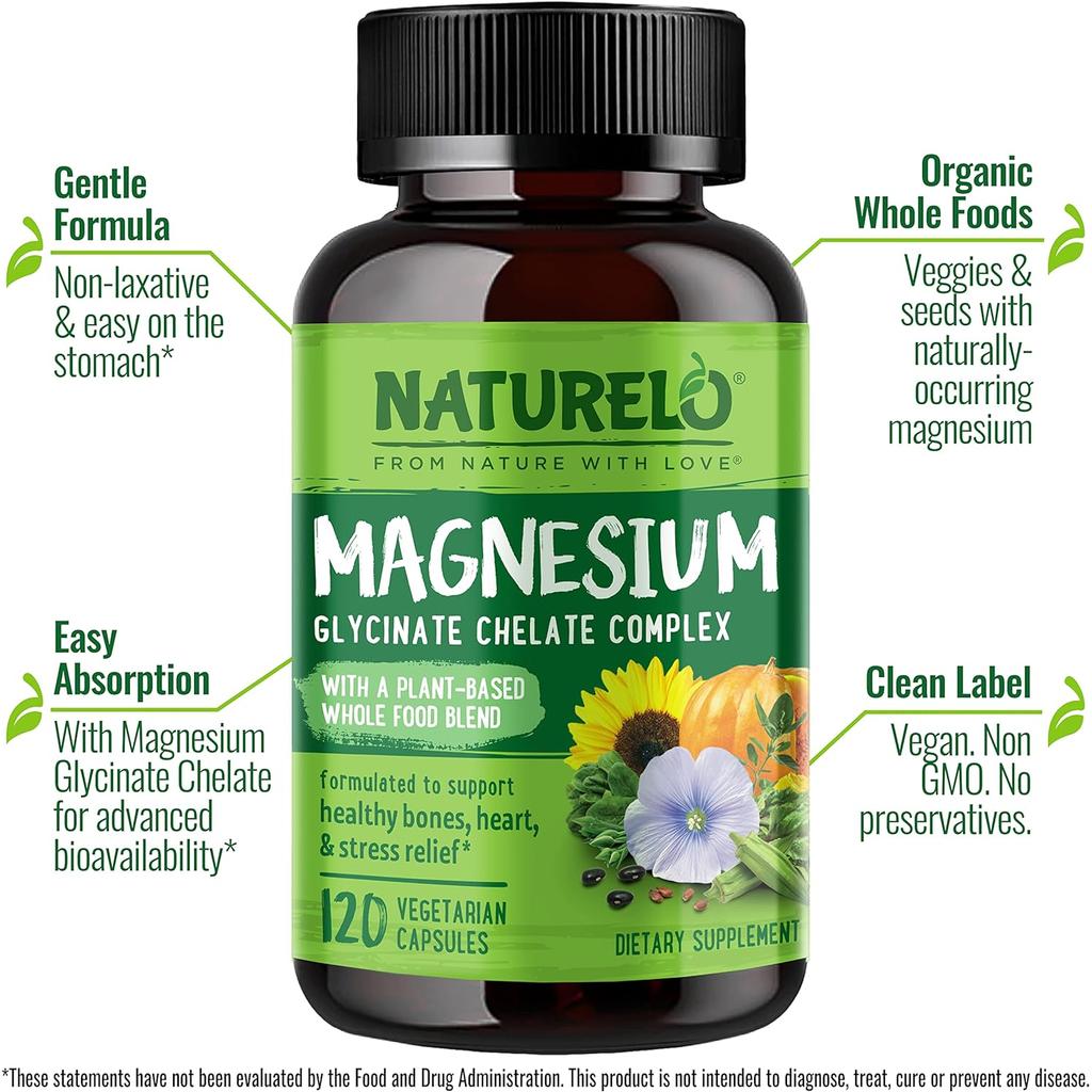 Naturelo Plant-Based Magnesium Glycinate Complex - Relaxation for Body & Mind - Natural Calm Support - Organic Ingredients