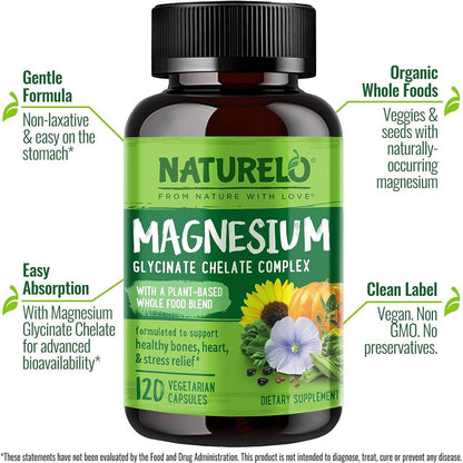 Naturelo Plant-Based Magnesium Glycinate Complex - Relaxation for Body & Mind - Natural Calm Support - Organic Ingredients