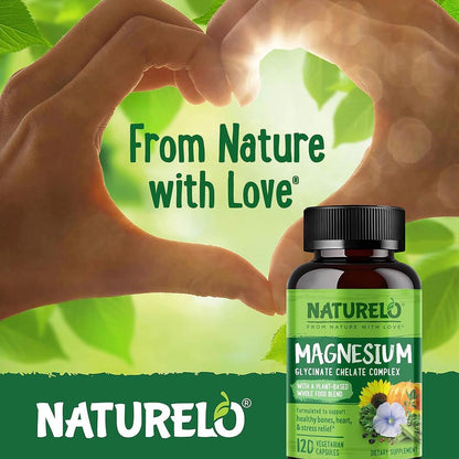 Naturelo Plant-Based Magnesium Glycinate Complex for Relaxation and Calmness - Vegan Formula with Organic Ingredients