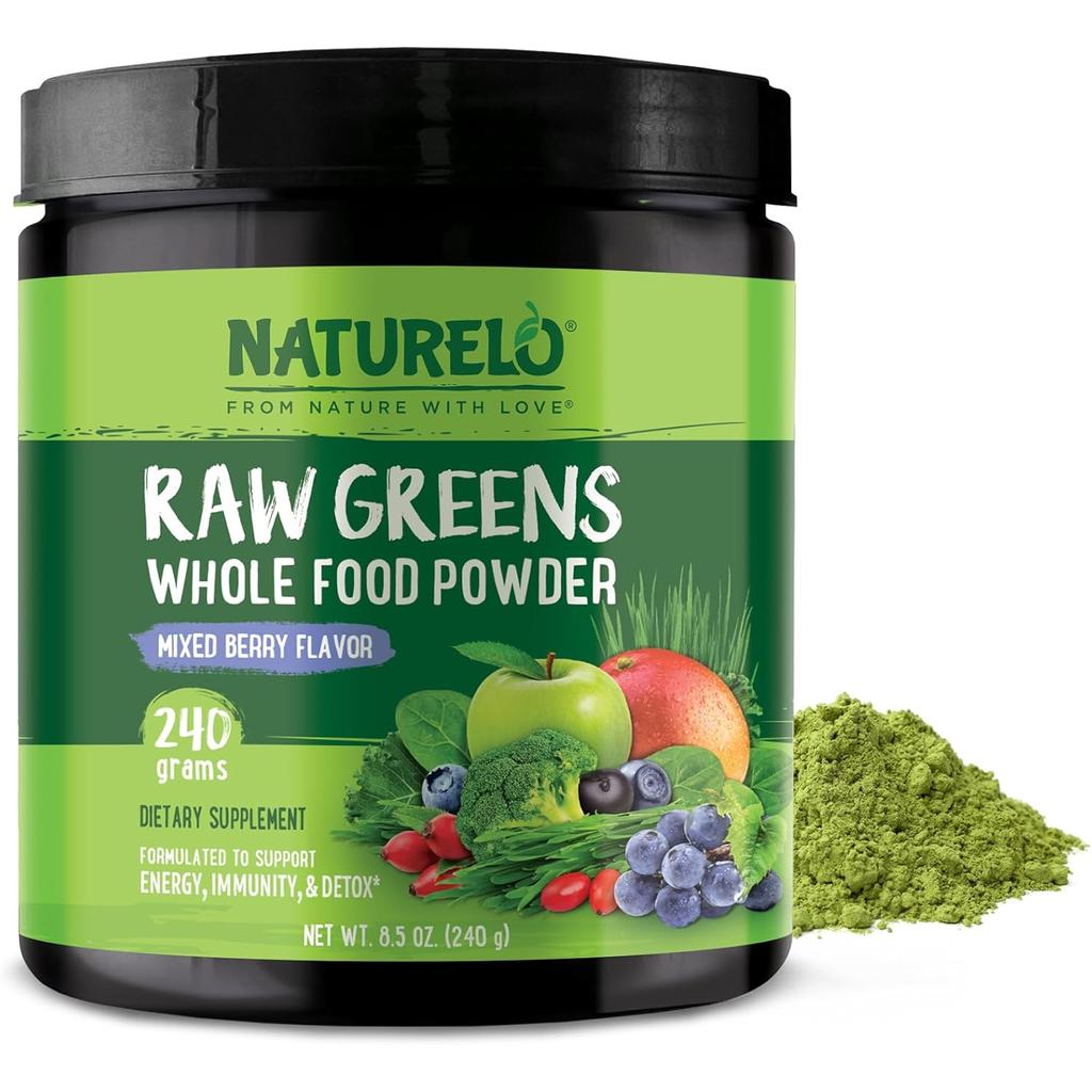 Naturelo Organic Raw Greens Powder with Wild Berry Flavor - Herbal Antioxidants, Whole Food Nutrition, Immune Support & Energ