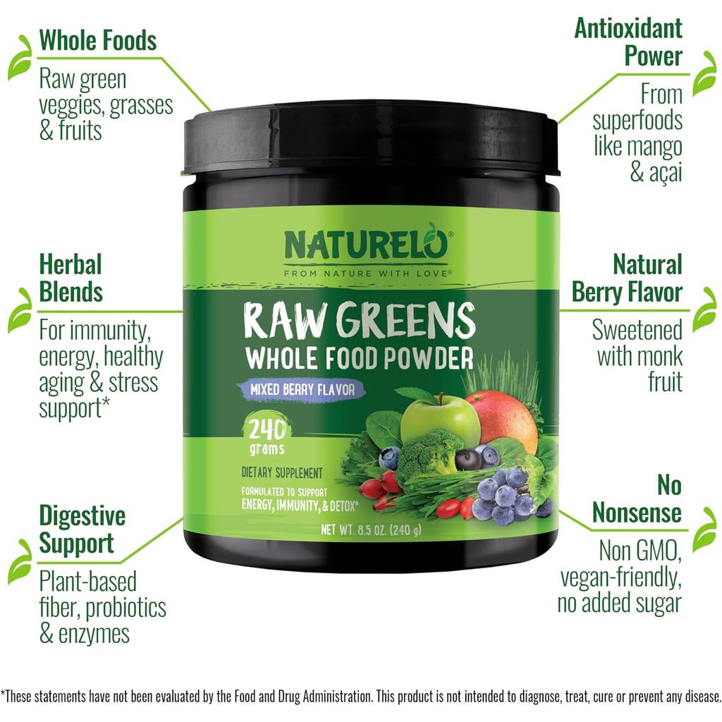 Naturelo Organic Superfood Greens Powder with Wild Berry Flavor - Nutrient-packed blend of raw greens, fruits, and herbs for