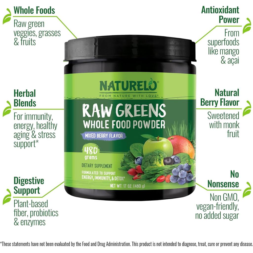 Naturelo Organic Superfoods Wild Berry Greens Powder - Nutrient-Packed Whole Foods & Herbal Power for Health & Vitality