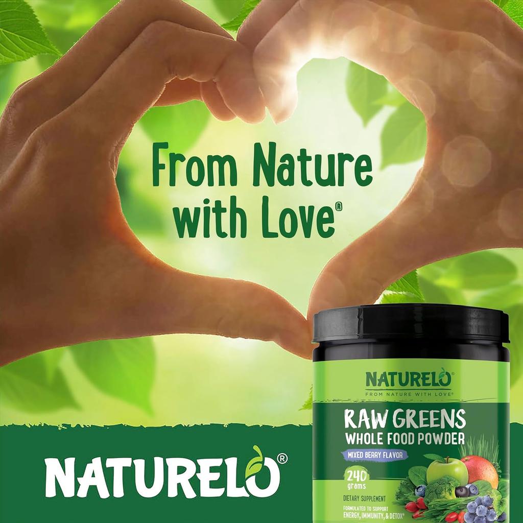 Naturelo Organic Superfood Greens Powder with Herbal Power for Whole Food Nutrition and Natural Benefits - Wild Berry Flavor.