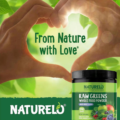 Naturelo Organic Superfood Greens Powder with Herbal Power for Whole Food Nutrition and Natural Benefits - Wild Berry Flavor.