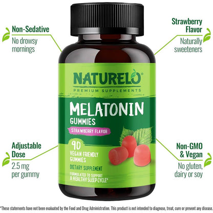 Naturelo Strawberry Melatonin Gummies for Adults - Restore Healthy Sleep, Wake Refreshed, Vegetarian Formula, Trusted Quality