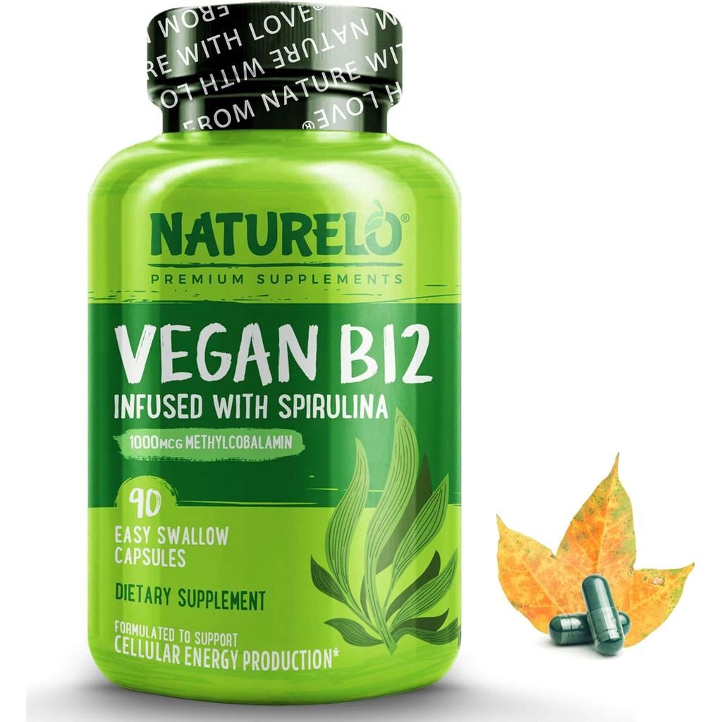 Naturelo Vegan B12 Supplement with Spirulina - Energy Boosting Formula