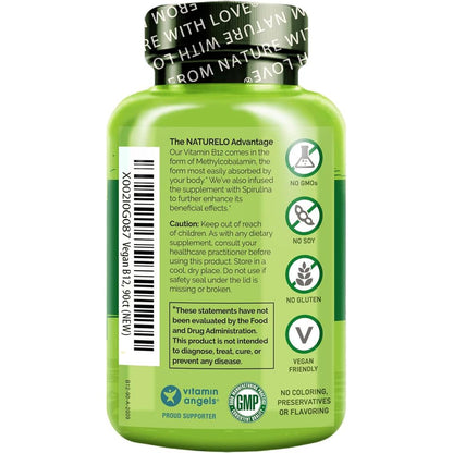 Naturelo Vegan B12 Supplement with Spirulina - Energy Boosting Formula