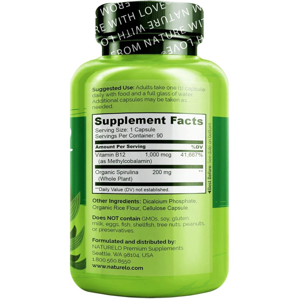 Naturelo Vegan B12 Supplement with Spirulina for Energy Boost & Immune Support.