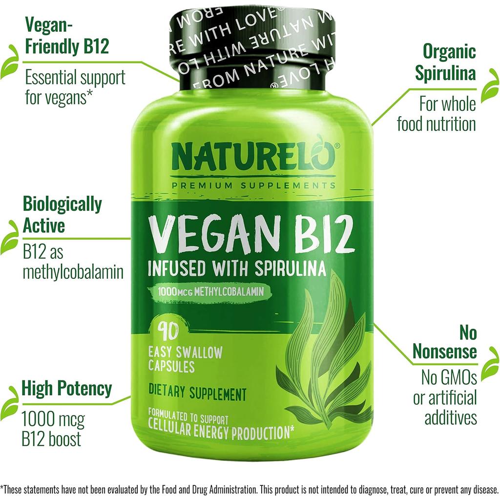 NATURELO Vegan B12 with Spirulina, Energy Boosting Vitamin Supplement