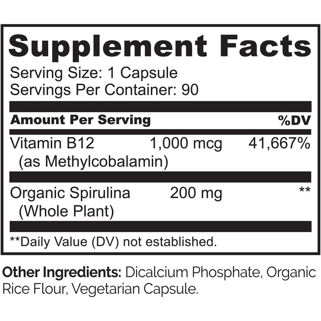 Naturelo Vegan B12 Supplement with Spirulina - Energy Boosting Vegan Vitamin Supplement