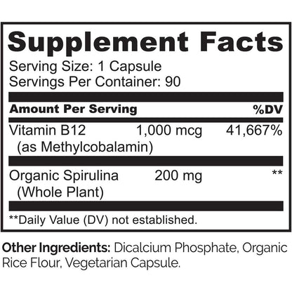 Naturelo Vegan B12 Supplement with Spirulina - Energy Boosting Vegan Vitamin Supplement