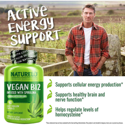 Naturelo Vegan B12 Supplement with Spirulina - Energy Boosting Vegan Vitamin B12 Formula