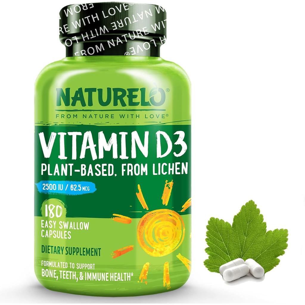 Naturelo Vegan Vitamin D3 2500 IU: Plant-Based, Immune Support, Bone Health, Non-GMO, Gluten-Free.