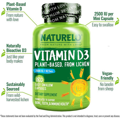 Naturelo Vegan Vitamin D3 2500 IU - Plant-Based, Immune Support, Bone Health, Clean Label - Image 4