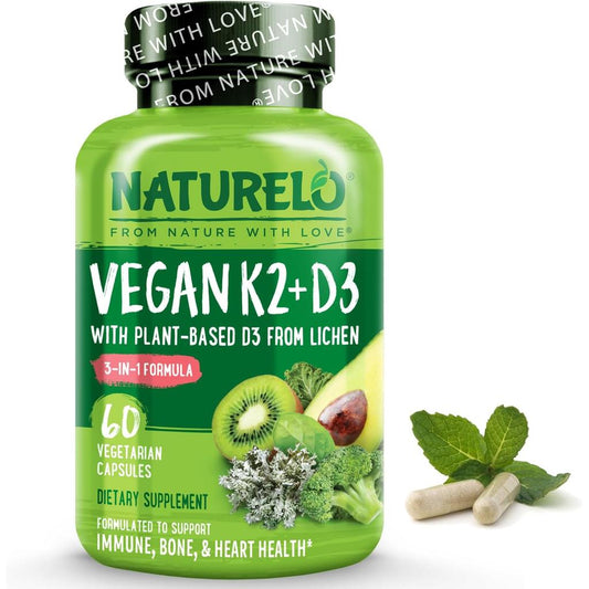 Naturelo Vegan Vitamin K2 D3 Supplements - Plant-based, Whole Food Complex for Healthy Bones & Heart, Potent & Bioactive Form