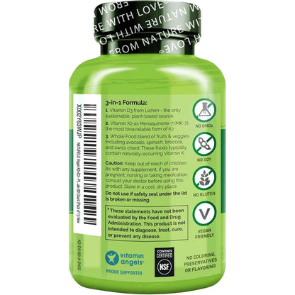 Naturelo Vegan Vitamin K2 D3 Supplements - Plant-Based, Whole Food Complex for Healthy Bones & Heart - Potent & Bioactive For