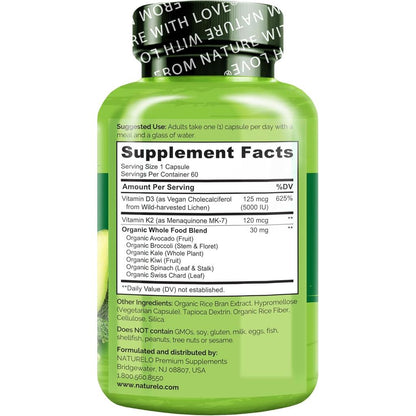 Naturelo Vegan Vitamin K2 + D3 Supplements for Healthy Bones & Heart - Plant-Based, Whole Food Complex, Potent Bioactive Form