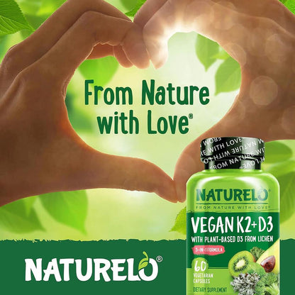 Naturelo Vegan Vitamin K2 + D3 Supplements for Healthy Bones & Heart, Plant-Based Formula with Whole Food Complex - 5000IU D3