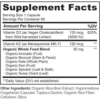 Naturelo Vegan Vitamin K2 D3 Supplements - Plant-Based, Whole Food Complex, Potent & Bioactive for Healthy Bones & Heart.